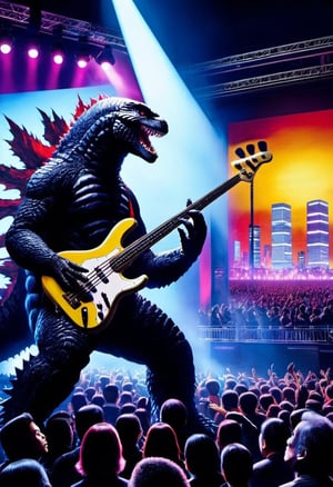 Close up of Godzilla playing bass, performing on stage, Spotlights and bright colorful music show lights, silhouetted crowd of people around the photographer. Tokyo citiscapes, night scene, dark fantasy, art by Gerald Brom, HDR, 8k,  high contrast,  bold negative spaces,  cinematic,  complex and multidimensional lighting,  epic,oil painting