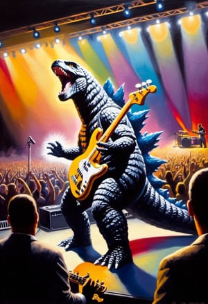 Oil painting, Close up of Godzilla playing bass, performing on stage, Spotlights and bright colorful music show lights, silhouetted crowd of people around the photographer. 