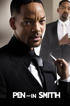 Movie Poster page "Pen in Black". Starring Will Smith in white shirt, black tie and black suit.  text:"Pen in Black"