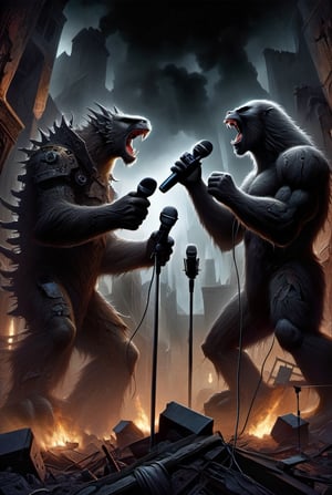 A masterful composition, a dark and gritty but luminous digital fantasy painting in the style of Brom, Godzilla and King Kong hold a microphones singing a duet at a rock concert on top of the wreckage of a smoldering city, HDR, 8k, extremely detailed, detailed background, high contrast, bold negative spaces, cinematic, complex and multidimensional lighting, epic,  