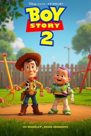 Movie poster for 'BOY STORY 2,' featuring toddler versions of Woody and Buzz Lightyear. In this reimagined scene, Woody and Buzz are depicted as adorable toddlers playing in a vibrant park. Woody, wearing his signature cowboy hat and boots, is holding a toy lasso, while Buzz, dressed in his iconic space suit, is holding a toy spaceship. The background showcases a colorful, cartoon-style park with swings, slides, and bright green grass. The title 'BOY STORY 2' is displayed in bold, fun lettering at the top, with a tagline underneath that adds a humorous twist. d.