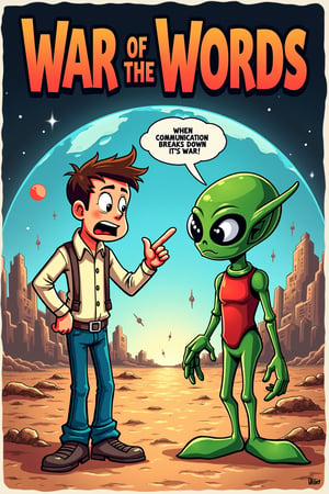 Parody movie poster for 'War of the Words' featuring a humorous standoff between a man and a Martian. The man, dressed in everyday clothes, is furiously pointing his finger, yelling, while the Martian, a green, classic alien with large eyes, angrily points back. Both are mid-argument, standing face-to-face, with exaggerated expressions of frustration and outrage. The background features a cityscape on one side, representing Earth, and a distant planet with spaceships on the other, representing Mars. Bold, comic-style fonts announce the title 'War of the Words' at the top, with a tagline like 'When Communication Breaks Down, It's War!' The overall tone of the poster is light-hearted and comical, using bright colors and playful illustrations to parody traditional alien invasion movies.