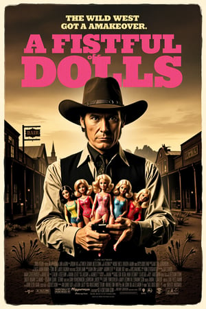 mvpstr. Epic movie poster for "A Fistful of Dolls" starring Clint Eastwood, who is wearing a big cowboy hat while holding a handful of Barbie dolls instead of a gun. Clint has a slightly bewildered, deadpan expression as he stares down at the dolls in his hand. The setting is a stylized, classic western desert town, with tumbleweeds and wooden storefronts, but with playful, pink accents around him for comedic contrast. Above, a tagline reads, "The Wild West Just Got a Makeover!" Dramatic lighting with deep shadows captures the classic western vibe, but with a funny twist. Parody-style western typography for the title, vintage poster texture, slightly worn edges, sepia tones with pops of pink for a humorous effect.