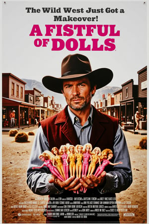 Vintage movie poster for "A Fistful of Dolls" starring Clint Eastwood, who is wearing a big cowboy hat while holding a handful of Barbie dolls instead of a gun. Clint has a slightly bewildered, deadpan expression as he stares down at the dolls in his hand. The setting is a stylized, classic western desert town, with tumbleweeds and wooden storefronts, but with playful, pink accents around him for comedic contrast. Above, a tagline reads, "The Wild West Just Got a Makeover!" Dramatic lighting with deep shadows captures the classic western vibe, but with a funny twist. Parody-style western typography for the title, vintage poster texture, slightly worn edges, sepia tones with pops of pink for a humorous effect.