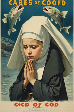 Movie poster titled "Agnes of Cod".  A young nun praying to a Cod.