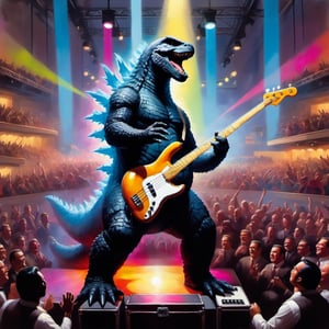 Oil painting, Close up of Godzilla playing bass, performing on stage, Spotlights and bright colorful music show lights, silhouetted crowd of people around the photographer, King Kong singing along.,digital painting