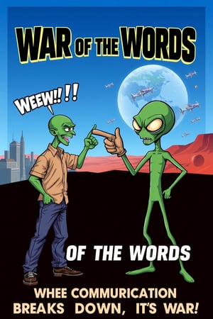 Parody movie poster for 'War of the Words' featuring a humorous standoff between a man and a Martian. The man, dressed in everyday clothes, is furiously pointing his finger, yelling, while the Martian, a green, classic alien with large eyes, angrily points back. Both are mid-argument, standing face-to-face, with exaggerated expressions of frustration and outrage. The background features a cityscape on one side, representing Earth, and a distant planet with spaceships on the other, representing Mars. Bold, comic-style fonts announce the title 'War of the Words' at the top, with a tagline like 'When Communication Breaks Down, It's War!' The overall tone of the poster is light-hearted and comical, using bright colors and playful illustrations to parody traditional alien invasion movies.