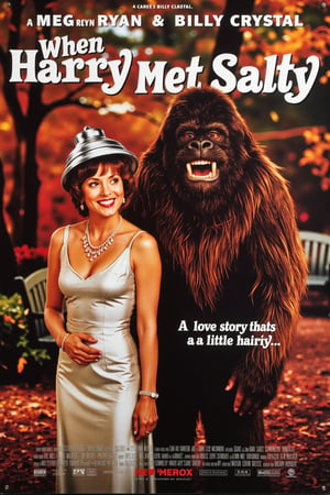 Vintage Movie poster for "When Hairy Met Salty," starring Meg Ryan and Billy Crystal. Meg Ryan is dressed as a glamorous salt shaker, wearing a sleek silver dress with a salt shaker top as a hat, smiling playfully. Beside her, Billy Crystal is dressed as a comical, friendly Bigfoot with exaggerated, fluffy fur and a goofy grin, capturing their iconic romantic-comedy chemistry. The background shows a romantic park setting with trees and a bench, with autumn leaves gently falling. The title "When Hairy Met Salty" is written in large, whimsical font at the top, and the tagline below reads: "A love story that's a little hairy... and a lot salty!" Warm lighting, romantic-comedy poster style, with a mix of humor and sweetness.