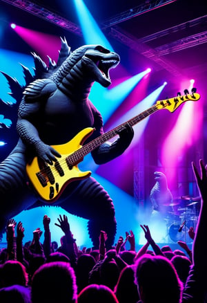 Close up of Godzilla playing bass, performing on stage, Spotlights and bright colorful music show lights, silhouetted crowd of people around the photographer. Tokyo citiscapes, night scene, dark fantasy, art by Gerald Brom, HDR, 8k,  high contrast,  bold negative spaces,  cinematic,  complex and multidimensional lighting,  epic