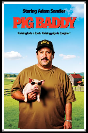 Vintage Movie poster Movie poster for "Pig Daddy," starring Adam Sandler, set in a lighthearted comedy style. Adam Sandler appears as the main character, dressed in a worn, oversized t-shirt and mismatched cap, holding a small pig with a silly expression. The background features a rural, farm setting with rolling fields, a farmhouse, and a blue sky. The movie title "Pig Daddy" is written in bold, exaggerated letters at the top in a playful font, with bright colors. Sandler's name is prominently displayed at the top, styled as "Starring Adam Sandler" in a smaller comedic font. Tagline at the bottom reads: "Raising kids is tough. Raising pigs is tougher!" The poster is filled with humorous details, like a pig with sunglasses, over-the-top comedy expressions, Vintage comedy movie poster design, vibrant colors, cinematic lighting, retro 90s feel, dynamic composition, cinematic framing.