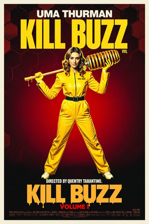 mvpstr. Epic Movie poster for ""Kill Buzz Vol.1," featuring Uma Thurman in a bright yellow motorcycle jumpsuit, holding a giant honey dipper dripping with honey instead of a katana. She stands in a dynamic pose, ready for action against a bold red and black background with honeycomb patterns. The tagline at the top reads, "Revenge is Sweet... and Sticky," in dramatic, stylized text. "Directed by Quentin Tarantino" is displayed at the bottom. The title "Kill Buzz Vol.1" appears in bold, retro typography, completing the quirky, exaggerated style. Vintage poster texture, high contrast, comic book flair, dramatic lighting.