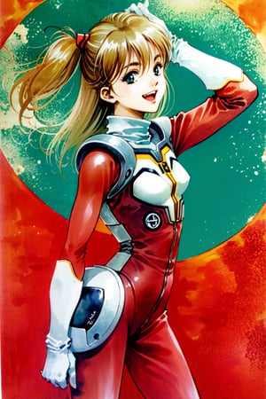 1girl, long hair, plugsuit, bodysuit, souryuu asuka langley, pilot suit, bracer, blue eyes, smile, open mouth, breasts, bangs, turtleneck, solo, cowboy shot, :d, hair between eyes, gloves, (red bodysuit:1.5), small breasts,looking at viewer, headgear, two side up, hand on hip, skinny, adjusting hair, narrow waist, standing, brown hair, science fiction,hand up, shiny clothes, hair ornament, happy, from side, shiny, skin tight, watercolor \(medium\),  