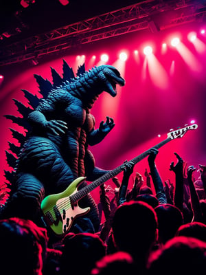 Close up of Godzilla playing bass, performing on stage, Spotlights and bright colorful music show lights, silhouetted crowd of people around the photographer. Tokyo citiscapes, night scene, dark fantasy, art by Gerald Brom, HDR, 8k,  high contrast,  bold negative spaces,  cinematic,  complex and multidimensional lighting,  epic
