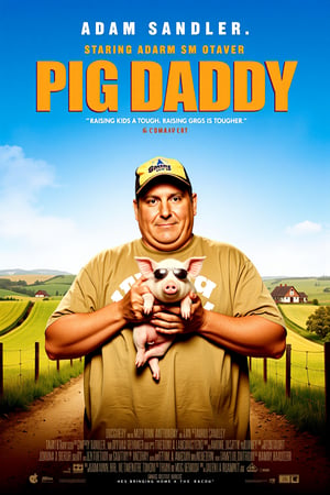 mvpstr. Epic Movie poster for "Pig Daddy," starring Adam Sandler, set in a lighthearted comedy style. Adam Sandler appears as the main character, dressed in a worn, oversized t-shirt and mismatched cap, holding a small pig with a silly expression. The background features a rural, farm setting with rolling fields, a farmhouse, and a blue sky. The movie title "Pig Daddy" is written in bold, exaggerated letters at the top in a playful font, with bright colors. Sandler's name is prominently displayed at the top, styled as "Starring Adam Sandler" in a smaller comedic font. Tagline at the bottom reads: "Raising kids is tough. Raising pigs is tougher!" The poster is filled with humorous details, like a pig with sunglasses, over-the-top comedy expressions, and quirky taglines such as "He's bringing home the bacon!" in the lower corner. Vintage comedy movie poster design, vibrant colors, cinematic lighting, retro 90s feel, dynamic composition, cinematic framing.