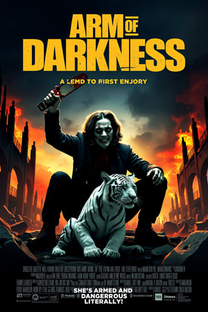 mvpstr. Epic movie poster for 'Arm of Darkness' featuring a zombie wielding a massive chainsaw, A fierce zombie  white tiger sits beside her, adding a touch of absurdity. The scene has a chaotic, apocalyptic vibe, with destroyed ruins and exaggerated fire in the background, giving the whole image a comically intense and action-packed feel.  At the top, in bold 80s action movie font, add the title 'Arm of Darkness.' Beneath the title, include the tagline: 'She's armed and dangerous...literally!'"
