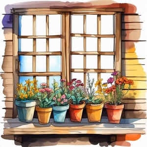 Painting, watercolor, ink sketch illustration of old wooden shelf filled with potted flowers and other plants near a sunny window, inside a shack. vibrant colors