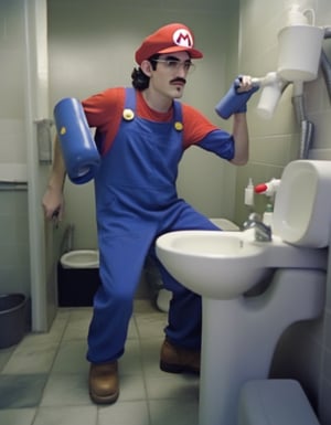 H4ck3rm4n Hackerman, dressed as Super Mario, working as a plumber in a bathroom