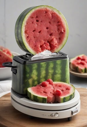 A bread toaster shaped like a round watermelon, popping a slice of watermelon toast
