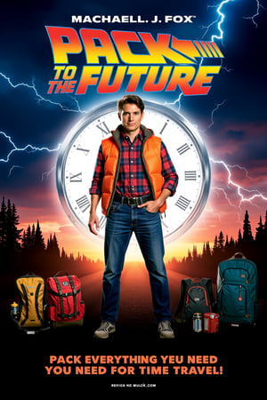 mvpstr. Epic Movie poster for "Pack to the Future," starring Machael J. Fox. The main character stands confidently, mid-action, with jeans and an iconic orange sleeveless puffer jacket over a plaid shirt, with backpacks, camping equipment around. The background features a dark, stormy sky with streaks of lightning and a large, retro-futuristic clock face. The tagline reads: "Pack everything you need for time travel!" Neon colors, dramatic lighting, retro sci-fi movie poster style, cinematic composition.