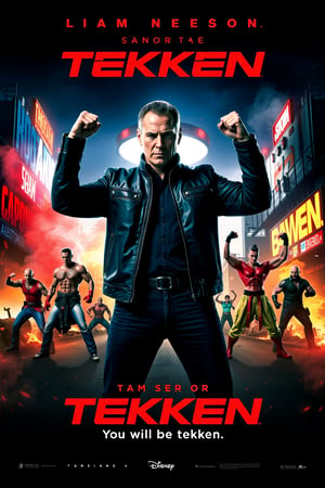 mvpstr. Epic movie poster for "Tekken" starring Liam Neeson, reimagined as a gritty yet humorous take on the classic fighting game. The poster features Liam Neeson in a fighting stance, fists raised, wearing a rugged leather jacket with a determined, intense expression. He stands against a neon-lit urban backdrop, reminiscent of the Tekken arenas, with smoke, sparks, and graffiti adding a grungy atmosphere.

Around him, a colorful array of cartoonishly exaggerated fighters, inspired by classic Tekken characters, pose in wild, over-the-top stances, each with a comical twist. The tagline at the bottom reads: "You will be tekken" The overall design is an energetic blend of action and comedy, with Neeson as the unlikely hero in the wild world of Tekken.
