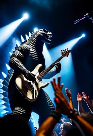 Photo Close up of Godzilla playing bass, performing on stage, Spotlights and bright colorful music show lights, silhouetted crowd of people around the photographer. 