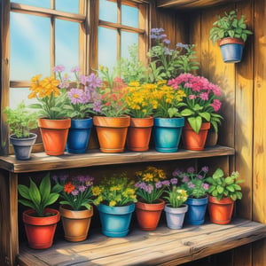 Pencil drawing, vibrant colorful sketch of old wooden shelf filled with potted flowers and other plants near a sunny window, inside a shack, acrylic painting