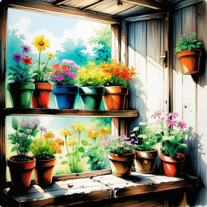 Pencil drawing, vibrant colorful sketch of old wooden shelf filled with potted flowers and other plants near a sunny window, inside a shack, Art by Kim Jung-Gi. 