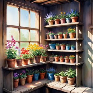 Painting, watercolor sketch illustration of old wooden shelf filled with potted flowers and other plants near a sunny window, inside a shack. vibrant colors, art by Kim Jung-Gi, 