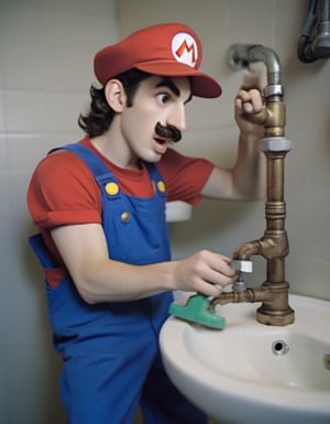 H4ck3rm4n Hackerman, dressed as Super Mario, working as a plumber fixing leaky faucet