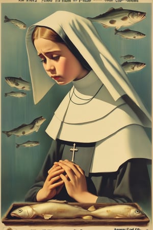 Movie poster titled "Agnes of Cod".  A young nun praying to a Cod.