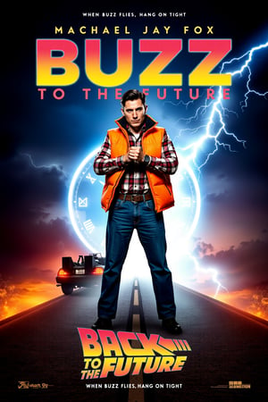 mvpstr. Epic Movie poster for "BUZZ to the Future," starring Machael Jay Fox. The main character stands confidently, mid-action, with jeans and an iconic orange sleeveless puffer jacket over a plaid shirt, adjusting a futuristic watch with an intense look. Behind him, a glowing hoverboard replaces the iconic DeLorean, casting a neon-blue light. The background features a dark, stormy sky with streaks of lightning and a large, retro-futuristic clock face. The tagline reads: "When buzz flies, hang on tight!" Neon colors, dramatic lighting, retro sci-fi movie poster style, cinematic composition.