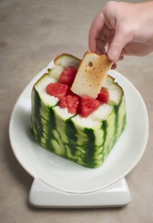 A toaster made from a whole watermelon, popping a slice of toast that looks like a slice of watermelon