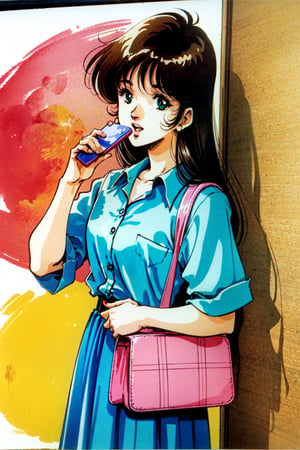 1girl, 1980s (style), retro artstyle, brown hair, phone, long hair, solo, plaid, bag, skirt, open mouth, holding, cellphone, talking on phone, holding phone, short sleeves, handbag, green eyes, belt, shirt,watercolor \(medium\),  