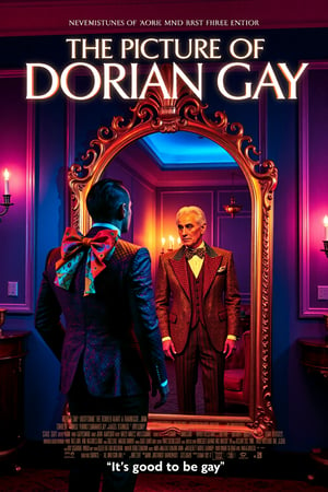 mvpstr. Epic movie poster for "The Picture of Dorian Gay". The poster features a sharply dressed, flamboyant gay man standing in front of an ornate, gilded mirror, gazing deeply at his own reflection. The man is wearing a stylish, colorful suit with a large, extravagant bowtie, his hair perfectly styled. His reflection appears slightly older and more tired, contrasting with his youthful appearance. The setting is a luxurious, modern room with neon lighting, rainbow accents, and elegant decor. The title "The Picture of Dorian Gay" is displayed in bold, glamorous font across the top. Below, the tagline reads: "It's good to be gay" Cinematic lighting, retro movie poster style, exaggerated colors, playful pop-art vibe.