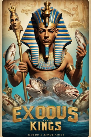 Movie Poster page "Exodus: Cods and Kings" featuring Egyptian Pharaoh holding cod fishes.  Text logo "Exodus: Cods and Kings"