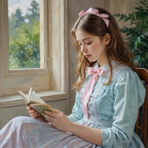 The image is a painting in an impressionist style, depicting a young girl with long, wavy, light brown hair adorned with a pink bow on the right side. She is shown in profile, facing to the left, and is dressed in a light blue, polka-dotted dress with a high collar. The girl appears to be engrossed in reading a book, which she holds in her right hand, her left hand resting on her lap. The background is a blurred, abstract mixture of greens and yellows, suggesting an outdoor setting with tall, grassy vegetation. The painting is executed in soft, blended brushstrokes, characteristic of impressionist art, which gives a gentle, dreamy quality to the image. The girl's expression is calm and focused, her eyes looking down at the book. The overall mood of the painting is serene and contemplative, capturing a quiet moment of reading and reflection. The texture of the painting is smooth and rich, with a soft, luminous quality that enhances the impressionistic style.