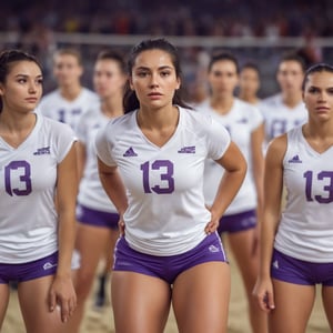 A high-angle shot captures the captivating moment as the woman stands out from the blurred volleyball players behind her. She wears a white t-shirt with bold purple '13' letters on the front, paired with a sleek braid and flexed arms. Her shorts highlight toned legs and curves. In the left frame, another woman mirrors her pose, while in the right frame, a third woman matches the identical athletic attire and confident stance.
