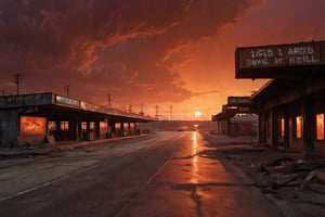 Here is a prompt that captures the eerie scene:

Create an image of a deserted service area on the highway to hell, with an ominous red sky casting a menacing glow over the scene. Flickering fluorescent lights illuminate rusty metal structures and fading signs, conveying a sense of decay and abandonment. In the background, the highway stretches towards a fiery horizon, immersing viewers in an unsettling atmosphere.