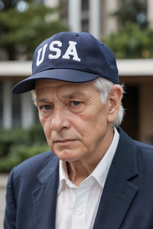 The image shows an elderly man wearing a red baseball cap with the word "USA" written on it in white letters. He is wearing a dark blue blazer and a white shirt. The man appears to be in his late 60s or early 70s and has white hair. He has a serious expression on his face and is looking off to the side. The background is blurred, but it seems to be an outdoor setting with plants and a building visible.