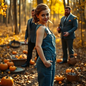 A young woman with fair skin and a slight smile, adorned in a blue denim jumpsuit with sequins, stands in an autumn woodland with carved pumpkins, scattered fruits, and a picnic basket. Her hair is styled elaborately for a wedding, and she places her right hand on her hip, facing the camera. A beefy man in a luxury suit stands behind her, handing her a wine bottle. The scene is bathed in natural, warm autumn light with a strong backlight, creating a soft, low-contrast, intricate look. The composition is a mid-shot with a slight soft focus, shot in a gritty industrial style, framed with film grain and a warm, golden color grade, reminiscent of Edward Burtynsky's cinematography.