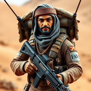 Realistic, 3D rendering of a Muslim action figure, inspired by GI Joe, wearing a paraglider suit, with a determined facial expression, holding a assault rifle, with a Middle Eastern-inspired desert background, 1400*1000