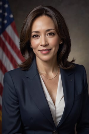 Kamala Harris, Vice President of the United States, sits confidently in a medium shot, her dark background subtly illuminated by soft box lighting. Her silver-fox hair is styled short, framing her elegant attire and mature beauty. A soft smile plays on her lips as she makes direct eye contact with the camera. Natural makeup enhances her features without overpowering them. A single American flag pin adorns her lapel, adding a touch of patriotism to the portrait. The shallow depth of field and high resolution create a sense of intimacy, while the film grain and color accuracy evoke a nostalgic feel. The result is a stunning, professional photograph that exudes maturity, confidence, and approachability.