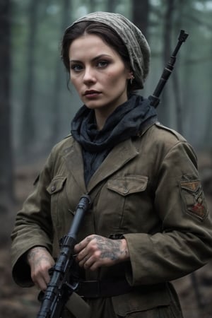 In a dark, alternate World War II setting, a supernatural-infused version of Lyudmila Pavlichenko, dressed in Soviet sniper attire, stands amidst the ruins of a WW2 battlefield. Her demonic tattoos glow with an otherworldly energy as she peers through her rifle's scope, her spectral aura radiating an air of fierce determination. Enchanted bullets loaded into her weapon, she prepares to take down Axis forces. The Nazi regime's dark mystical allies seem no match for her tactical prowess and unwavering commitment to vengeance. A spectral entity looms in the distance, its presence amplified by Lady Death's connection to Pavlichenko.