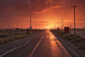 Desolate Highway Service Area at Dusk: Fiery Horizon. A haunting scene unfolds on the asphalt path, where flickering fluorescent lights cast an eerie glow amidst rusty metal structures and faded signs. The ominous red sky hangs low, threatening to engulf the desolate landscape. In the distance, the highway stretches towards a blazing horizon, as if the very gates of hell loom ahead.