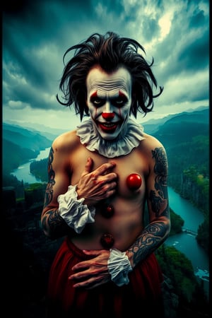 A sinister, twisted evil clown with pale skin and dark, sunken eyes dons saintly attire, contrasting with Medusa-inspired tattoos that snake across his arms and face. He stands provocatively in a fantasy world with a stone wall behind him, green hills rolling into the distance, and a cloudy sky above. A shallow depth of field and center-focused, eye-level angle highlight the clown’s unsettling presence. Cinestillidoscurio’s vivid hues and hyperdetailed, intricate textures bring the scene to life, with dramatic, moody lighting casting deep shadows and highlighting the clown’s malevolent grin. The background features a serene river, adding a stark contrast to the foreboding figure. The scene is framed with film grain and a dark, noir aesthetic, enhancing the eerie atmosphere.