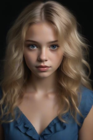 The image is a portrait of a young girl with long blonde hair. She is looking directly at the camera with a serious expression on her face. Her hair is styled in loose waves and falls over her shoulders. She has a slight smile on her lips and her eyes are a piercing blue. The background is black, making the girl the focal point of the image. She appears to be wearing a white blouse with a ruffled neckline. The lighting is soft and natural, highlighting her features,Supersex