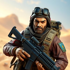 Realistic, 3D rendering of a Muslim action figure, inspired by GI Joe, wearing a paraglider suit, with a determined facial expression, holding a assault rifle, with a Middle Eastern-inspired desert background, 1400*1000