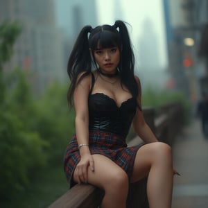 A rotund young woman with twintails hair, dressed as a Wall Street broker yuppie in a black corset top and plaid skirt, sits on a wooden railing in a cyberpunk city. Her glossy, retro 80s outfit features lace details, and she has an engaged expression with one leg raised. The scene is a close-up, eye-level shot with shallow depth of field, the green foliage and blurred cityscape creating a moody, analogous color palette. High key lighting from a softbox placed straight on illuminates her face, casting subtle shadows and highlighting the glossy texture of her clothing. The image, shot on a Panasonic Lumix S5 with a Lumix S PRO 70-200mm f-2.8 O.I.S lens, has a triadic color palette and a cinematic feel, reminiscent of Julie Blackmon's style, with film grain and a slightly overexposed background.