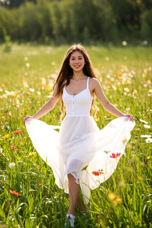 A  girl's dreamy dance in a sun-kissed meadow, surrounded by vibrant wildflowers, wears a flowing white dress, the girl is 16 years old,beaming with a bright and charming smile, as warm rays of sunlight filter through lush green blades, casting a soft glow on the serene scene, reminiscent of Renoir or Morisot's Impressionist masterpieces.,hubggirl