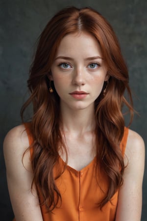 a portrait of a young woman with long red hair, wearing an orange sleeveless top and earrings. her eyes are blue, and she has freckles on her face. her hair is wavy and cascading down her shoulders. the background is a dark gray wall.